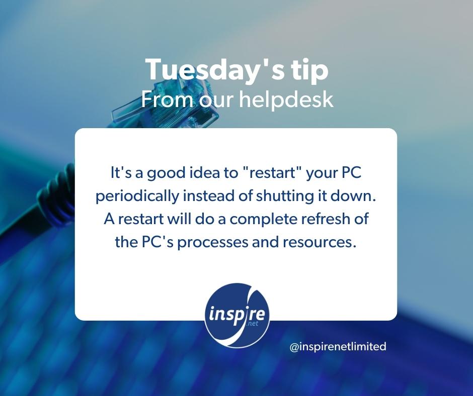 Tip number one: It's a good idea to "restart" your PC periodically instead of shutting it down. A restart will do a complete refresh of the PC's processes and resources.